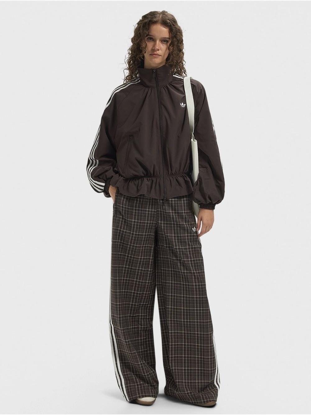 NWT adidas Originals Check Plaid Wide-Leg Track Pants in Night Brown